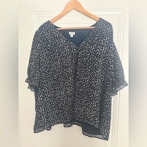 EUC J Crew Antique Navy and White Floral Puff Sleeve Blouse VNeck (3X)